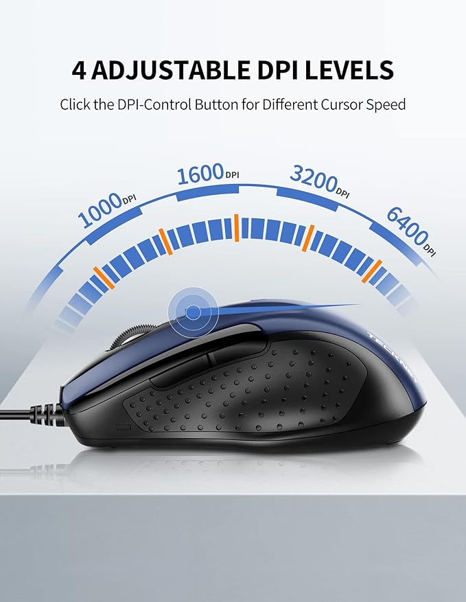TECKNET USB Wired Mouse, 6-Button Corded Computer Mouse with 4 Adjustable DPI, Optical Computer Mice with Ergonomic Design and 5FT Cord for Laptop, Chromebook, PC, Desktop, Mac, Notebook-Blue