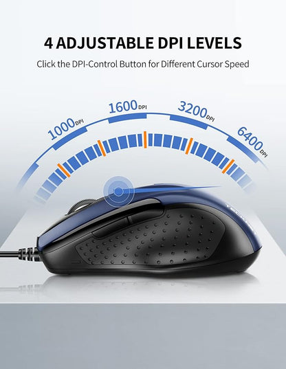 TECKNET USB Wired Mouse, 6-Button Corded Computer Mouse with 4 Adjustable DPI, Optical Computer Mice with Ergonomic Design and 5FT Cord for Laptop, Chromebook, PC, Desktop, Mac, Notebook-Blue