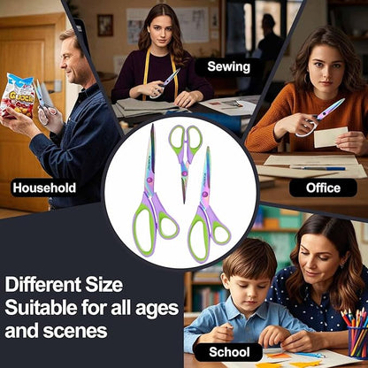 Scissors All Purpose, Sharp Titanium Blades Shears, Rubber Soft Grip Handle, Multipurpose scissors 3 pack, Great for Office, Fabric, Craft, Sewing, Arts, School and Home Supplies, Green