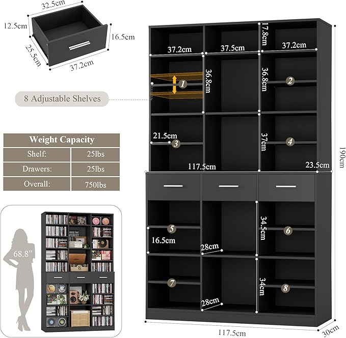 HOSTACK 75" Tall Book Shelf and Bookcase, 47" Wide Bookshelf with Drawers, Modern 9 Tier Bookcase with Storage, Large Wood Display Cabinet with Adjustable Shelves for Living Room, Home Office, Black