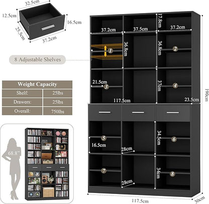 HOSTACK 75" Tall Book Shelf and Bookcase, 47" Wide Bookshelf with Drawers, Modern 9 Tier Bookcase with Storage, Large Wood Display Cabinet with Adjustable Shelves for Living Room, Home Office, Black