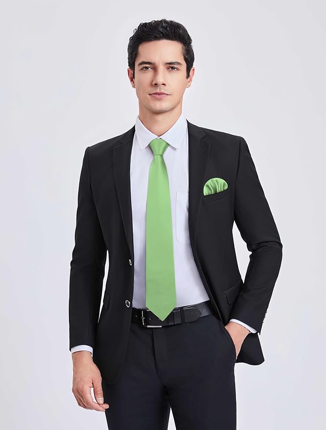 HISDERN Mens Solid Color Ties Formal Satin Necktie and Pocket Square Set Classic Wedding Business Tie & Handkerchief