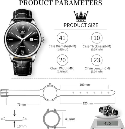 OLEVS Mens Watches, Dress Waterproof Classic Analog Casual Luxury Wrist Watch for Men with Date, Easy to Read Relojes para Hombres Male Quartz Wristwatch with Brown Black Leather Band Blue Black Dial
