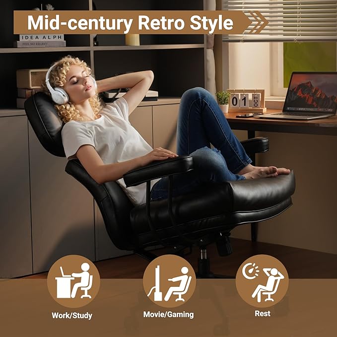 Ergonomic High Back Office Chair, PU Leather Home Office Desk Chairs with Wheels, Lumbar Support Swivel Computer Chair with Rocking Function, Black