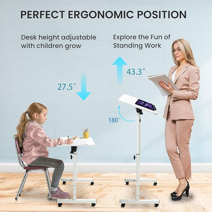 Aconcept Tiltable Small 32 x 16 inch Standing Desk, White Sit Stand Up Rolling Desk with Wheels, Height Adjustable 25-44" for Tablet Laptop and Walking Pad