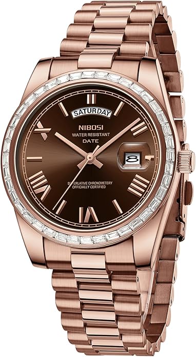 NIBOSI Men's Watches Analog Quartz Diamond Bezel Stainless Steel Dial Rose Gold Silver Watches for Men Waterproof Business Classic Dress Wrist Watch with Day Date