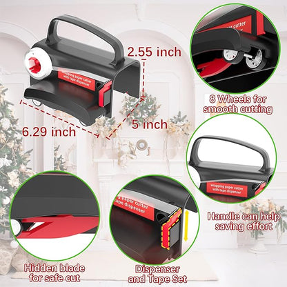 2-Pack Wrapping Paper Cutter & Tape Dispenser, Make Cutting Easily Safely and Efficient, Straight Sliding Tool for Christmas Gift, with 4 Tapes, 2 Replace Blades Kit, Black and Red