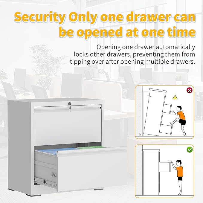 File Cabinet with Lock, 2 Drawer Lateral Filing Cabinets for Home Office, Metal Heavy Duty Steel Storage Cabinets for Hanging Letter/Legal/F4/A4 Size, Assembly Required White
