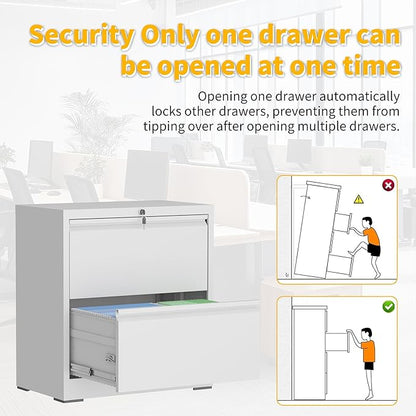 File Cabinet with Lock, 2 Drawer Lateral Filing Cabinets for Home Office, Metal Heavy Duty Steel Storage Cabinets for Hanging Letter/Legal/F4/A4 Size, Assembly Required White