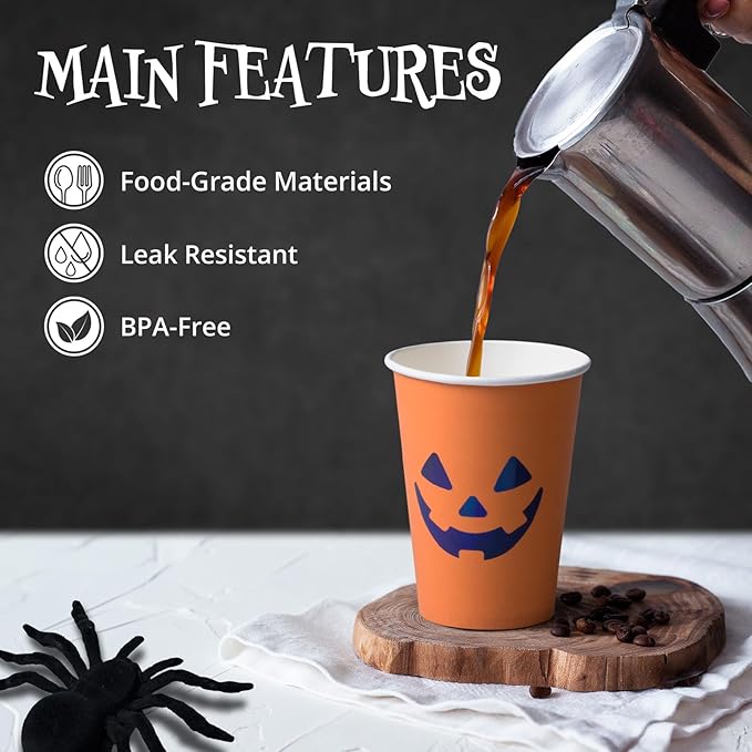 Halloween Disposable Paper Party Cups, Bulk 50 Pack, Leak-Resistant, 12 oz Hot and Cold Cups for Restaurants and Parties, Jack-O-Lantern, Black & Orange