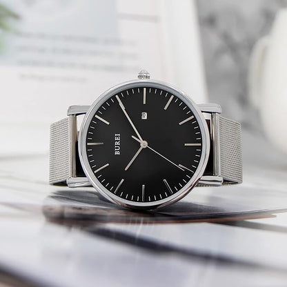 BUREI Men Watches Brown Leather Fashion Minimalist Wrist Watch Simple Ultra Thin Waterproof Quartz Watches All Black Stainless Steel Mesh Band,Gift for Men Women