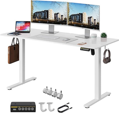 Electric Standing Desk 55"x24" Adjustable Height Stand Up Desk with Lockable Wheels Ergonomic Sit Stand Desk for for Work Office Home Computer Workstation (White)