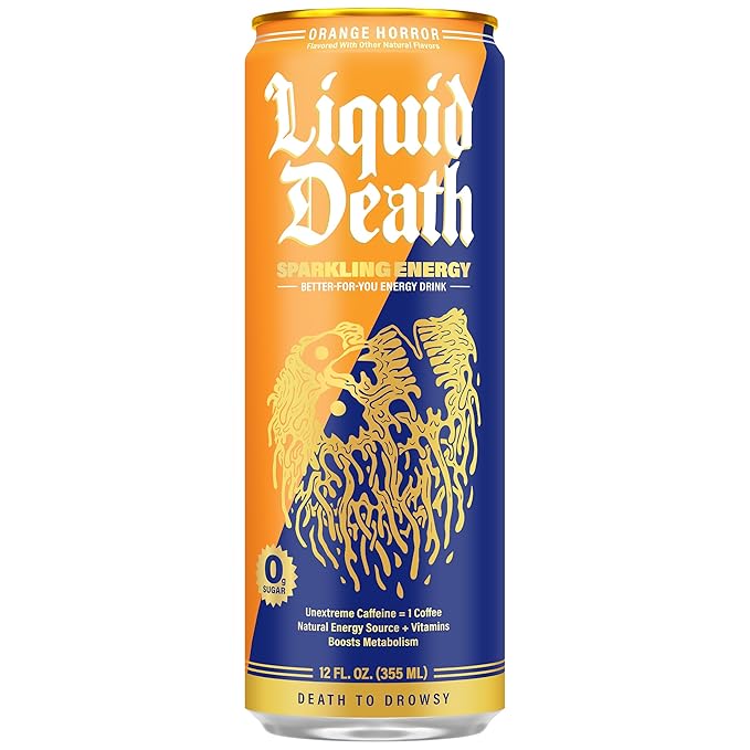 Liquid Death Orange Horror, Orange and Cream-Flavored Sparkling Energy, Sugar-Free Energy Drink, 100mg Caffeine, 12 Fl Oz (Pack of 12)