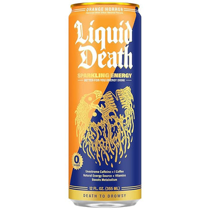 Liquid Death Orange Horror, Orange and Cream-Flavored Sparkling Energy, Sugar-Free Energy Drink, 100mg Caffeine, 12 Fl Oz (Pack of 12)