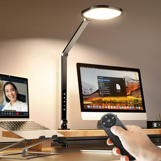 Desk Lamps for Home Office, 2000LM Eye-Caring Desk Light with Clamp, Dimmable Zoom Lighting with 3 Colors & 10 Brightness, Remote Computer Ring Light for Video Calls,Conference, Reading, CRI>97.8