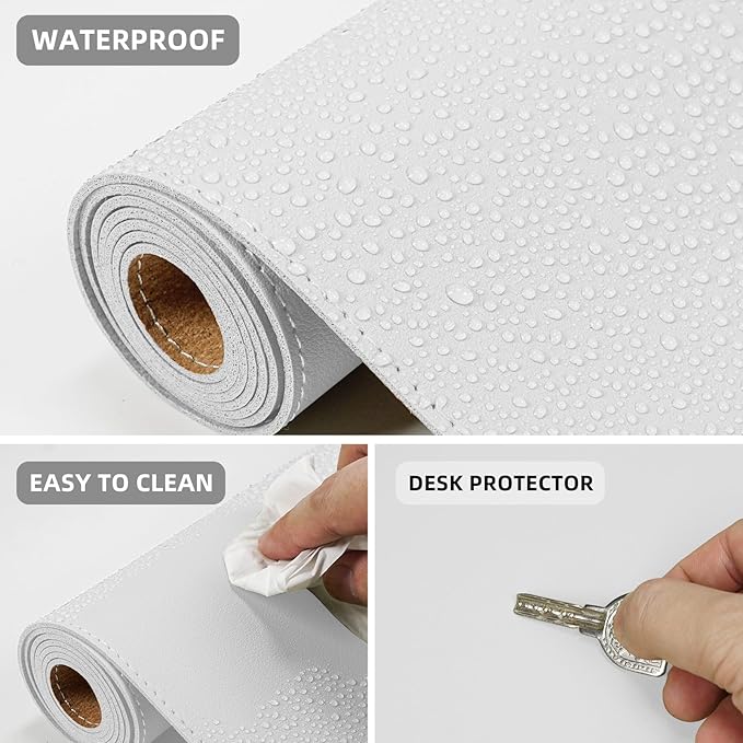 Leather Desk Protector, 47in*23.7in Large Mat with Natural Cork & PU Leather, Mouse Pad, Non-Slip Office Mat, Waterproof Writing Pad for Office and Home (Ivory White)
