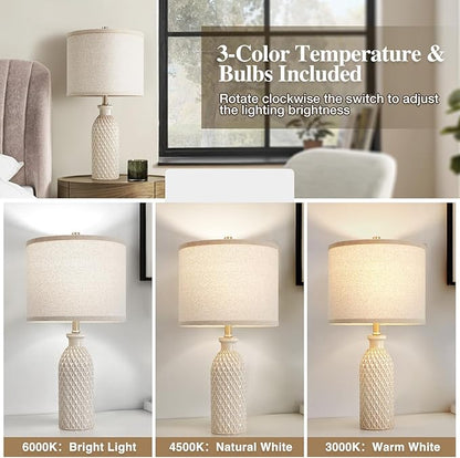 Luvkczc Ceramic Table Lamps Set of 2, Farmhouse 24.8" Bedside Lamps with 3-Color Temperature, Modern Nightstand Lamp Desk Reading Lamp for Bedroom, Living Room, Office, 2 Bulbs Included