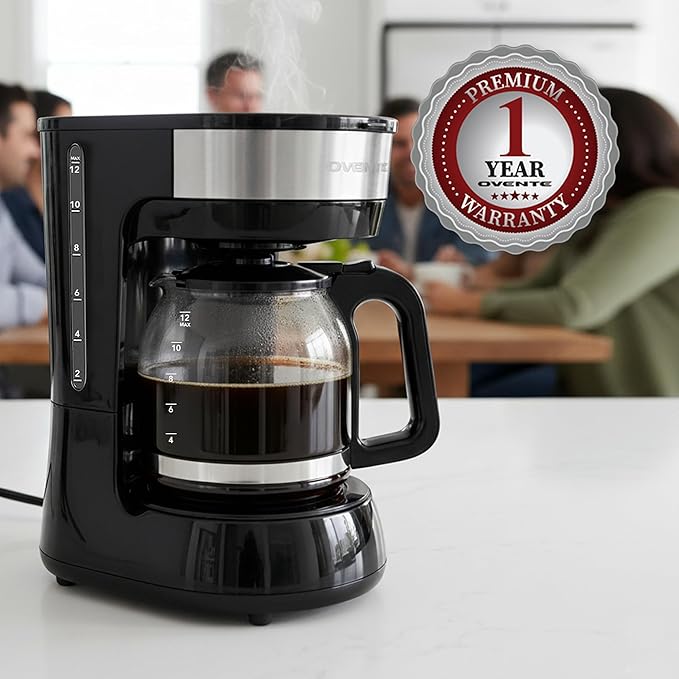 OVENTE 12-Cup Drip Coffee Maker with Borosilicate Glass Carafe, One-Touch Operation Machine, Anti-Drip System, Reusable Filter and Clear View Water Level Gauge, Ideal for Home or Office, Black CM412B