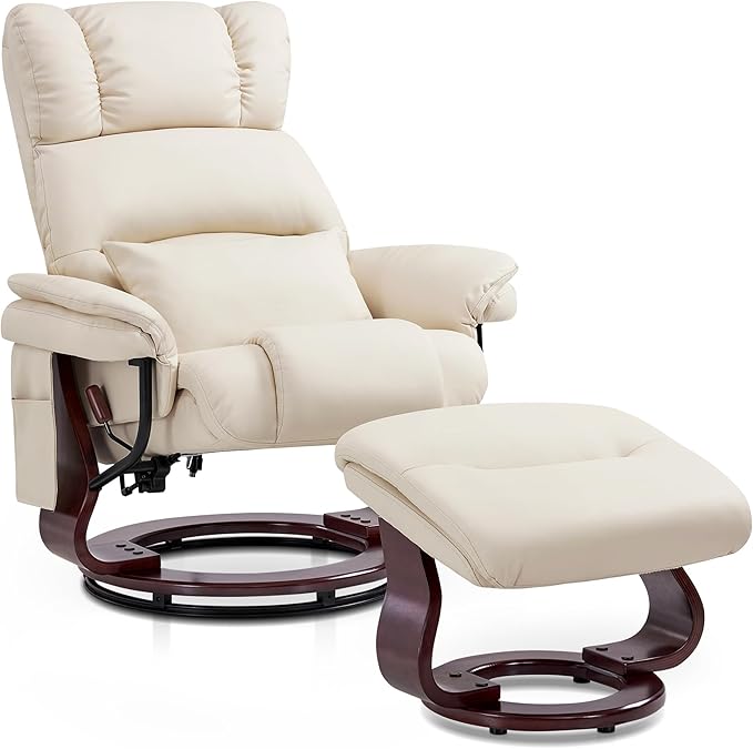 MCombo Swivel Recliners with Ottoman, Reclining TV Chairs with Vibration Massage, Faux Leather Ergonomic Lounge Chair for Living Room Bedroom 4832 (Cream White)