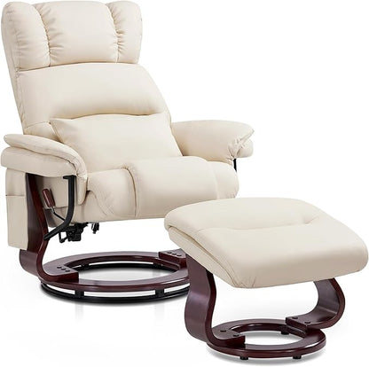 MCombo Swivel Recliners with Ottoman, Reclining TV Chairs with Vibration Massage, Faux Leather Ergonomic Lounge Chair for Living Room Bedroom 4832 (Cream White)
