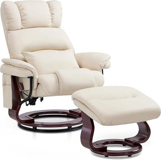 MCombo Swivel Recliners with Ottoman, Reclining TV Chairs with Vibration Massage, Faux Leather Ergonomic Lounge Chair for Living Room Bedroom 4832 (Cream White)