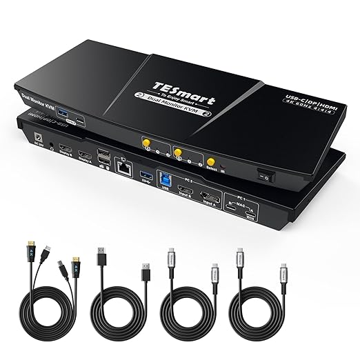 TESmart MST USB-C/HDMI/DP KVM Switch 2 Monitors 2 Computers, USB 3.0 KVM Dual Monitor for Laptop&Desktop, 4K@60Hz, 60W PD, Gigabit Network, Hotkey Switch, with Input Cables