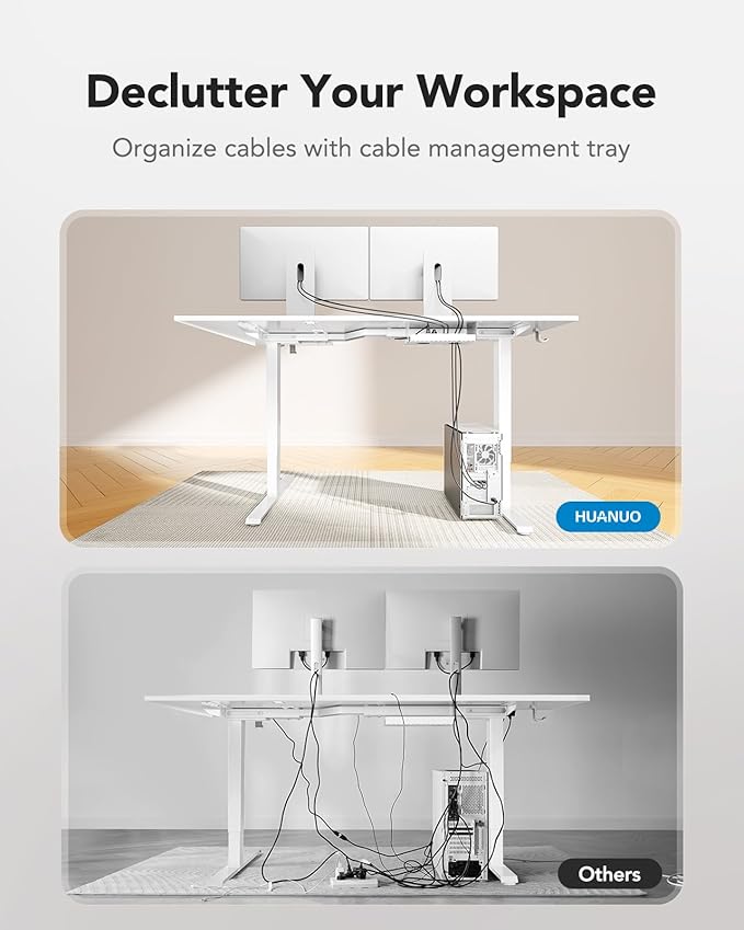 HUANUO 71 x 48 inch Dual Motor L Shaped Electric Standing Desk with 3 Preset Heights, Electric Height Adjustable Computer Table, 2 Hooks & Cable Tray, Raising Desk for Home Office, White