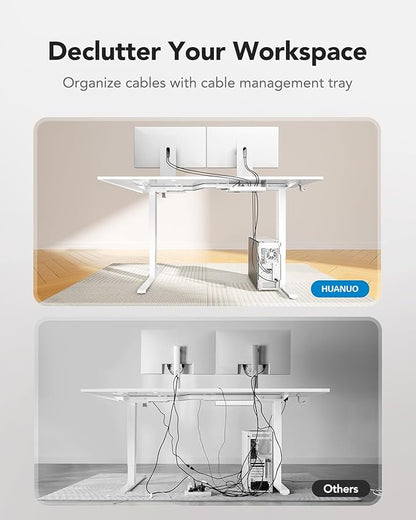 HUANUO 71 x 48 inch Dual Motor L Shaped Electric Standing Desk with 3 Preset Heights, Electric Height Adjustable Computer Table, 2 Hooks & Cable Tray, Raising Desk for Home Office, White