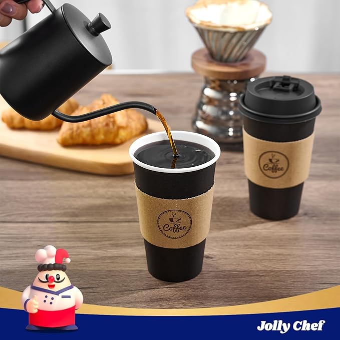JOLLY CHEF 16 oz Coffee Cups-100 Pack, Disposable Black Hot Paper Cups with Lids, Sleeves and Stirrers for all Kinds of Beverages