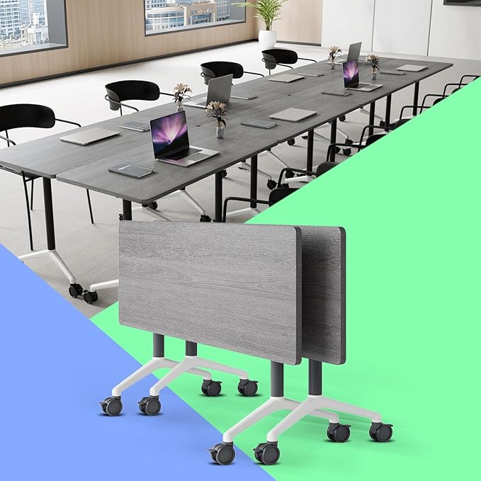 Conference Table,Folding Conference Table with Silent Wheels,Rectangular Business Conference Room Table,for Reception Offices Classrooms Meeting Training Room (2, Grey, 55.1in)
