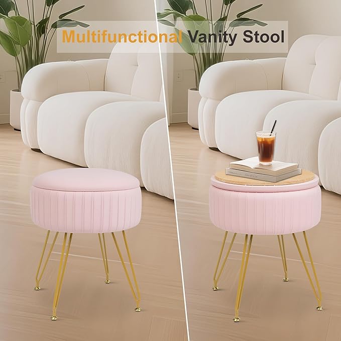 Round Vanity Stool with Storage Ottoman,Vanity Chair for Makeup Room with Removable Cover, Small Footrest Ottoman for Home, Living Room, Bedroom (Pink)