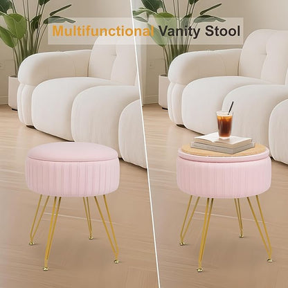 Round Vanity Stool with Storage Ottoman,Vanity Chair for Makeup Room with Removable Cover, Small Footrest Ottoman for Home, Living Room, Bedroom (Pink)