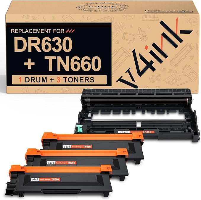 v4ink Compatible DR630 TN660 Set Replacement for Brother DR630 Drum TN660 Toner Cartridge (1D + 3T) for Brother HL-L2300D L2320D L2360DW L2380DW MFC L2700DW L2720DW L2740DW Printer