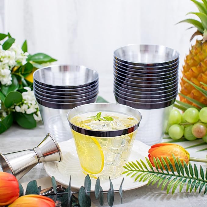 WELLIFE 120 PCS Black Plastic Cups,9 oz Clear Cups for Party and Wedding,Disposable Cocktail Glasses,Plastic Wine Glasses Disposable