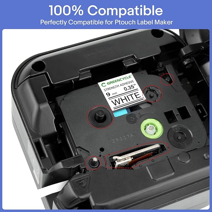 GREENCYCLE Extra Strength Adhesive Black on White Label Tape Compatible for TZE-S211 TZS211 AZES211 1/4" 6mm for PT-E550W PT2430PC 1890C PT-D210 PTP300BT PT-1010 PTH100 PTH110 D200-1 Pack