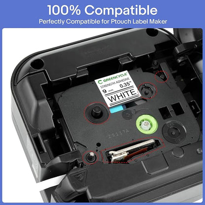 GREENCYCLE Extra Strength Adhesive Black on White Label Tape Compatible for TZE-S211 TZS211 AZES211 1/4" 6mm for PT-E550W PT2430PC 1890C PT-D210 PTP300BT PT-1010 PTH100 PTH110 D200-1 Pack