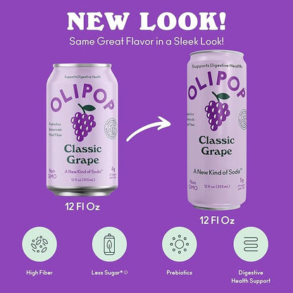 OLIPOP Prebiotic Soda Pop, Classic Grape, Pantry Pack Packed with Prebiotics, Fiber, and Botanicals, Gluten Free, Vegan, GMO Free, 12oz Skinny (12-Cans)