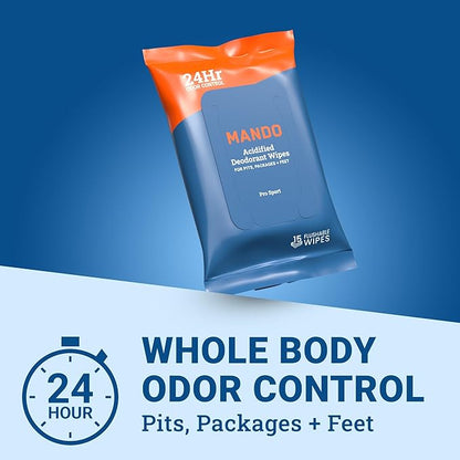 Mando Deodorant Wipes - 24 Hour Odor Control - Aluminum Free, Baking Soda Free, Skin Safe (15 Count (Pack of 3)