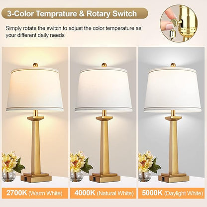 ROTTOGOON 29" Gold Table Lamps with 2 USB Charging Ports, 3-Color Temperature Nightstand Modern Lamps with Rotary Switch, Resin Brass Tall Lamp for Living Room Bedroom Home Office (LED Bulb Included)