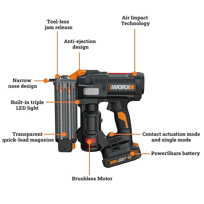 WORX Brad Nailer Cordless, 20V 18 ga Brushless Nail Gun Cordless, High Driving Power, Up to 2-⅛" into Hardwood, Narrow Nose, 3 LEDs, 3000 Nails & 20V 2.0 Ah Battery and Charger Included, PowerShare