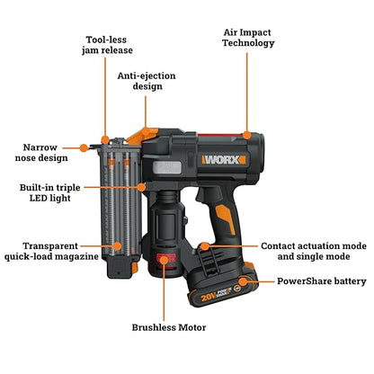WORX Brad Nailer Cordless, 20V 18 ga Brushless Nail Gun Cordless, High Driving Power, Up to 2-⅛" into Hardwood, Narrow Nose, 3 LEDs, 3000 Nails & 20V 2.0 Ah Battery and Charger Included, PowerShare