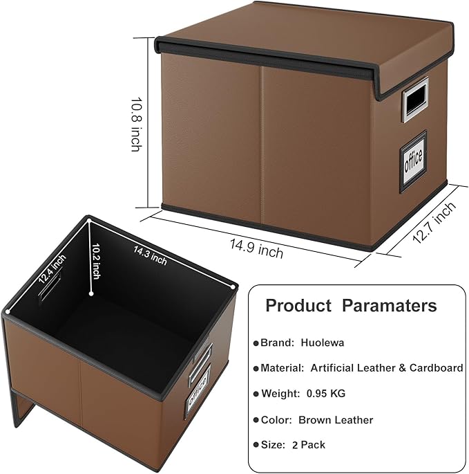 Huolewa File Organizer Boxes with Lids, Collapsible Faux Leather Hanging File Folder Box Organizer with Plastic Slide, Decorative Home/Office Filing System Boxes for File and Folders Storage