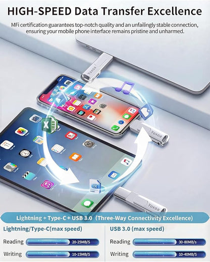 MFi Certified 256GB Flash Drive for iPhone & iPad, High-Speed Photo Stick for External Memory Storage, Backup & Transfer Files, USB Stick for iPhone/iPad/iOS/Android/PC (Available Space: ~244GB)Silver