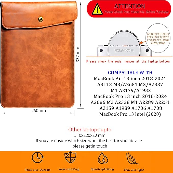Genuine Leather Laptop Sleeve Compatible with 13 Inch MacBook Air M4 M3 M2 M1,Vertical Case for MacBook Pro M2 2022 M1 2020-2016, Brown