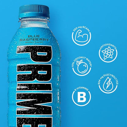 PRIME Hydration BLUE RASPBERRY, Sports Drinks, Electrolyte Enhanced for Replenishing Fluids, 250mg BCAAs, B Vitamins, Antioxidants, Low Sugar, 16.9 Fl Oz, 12 Pack