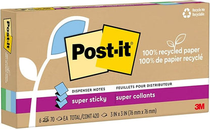 Post-it 100% Recycled Paper Super Sticky Pop-up Notes, 2X The Sticking Power, 3x3 in, 6 Pads, 70 Sheets/Pad, Oasis Collection (R330R-6SST) (Pack of 12)