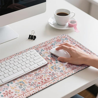 Pink Floral Patterns Desk Mat, Large Gaming Mouse Pad Non-Slip Rubber Base with Stitched Edges, Waterproof Protection for PC Laptop Home Office Desk Decor (31.5x11.8in)