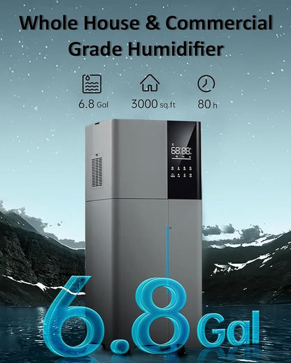 Humidifier Large Room,26L/6.8Gal Whole House Humidifiers for Home 3000 sq.ft,1800ml/H Cool Mist Humidifier Baby, Top Fill Humidifiers for Bedroom Plant with 360° Nozzle & Extension Tube,Grey
