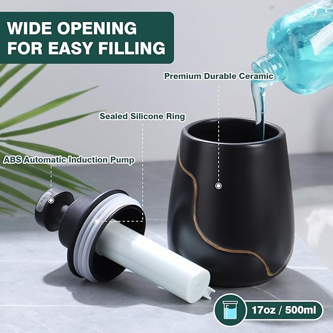 BosilunLife Automatic Soap Dispenser Bathroom - Liquid Hand Free Dispenser Smart Electric Lotion Soap Dispenser Touchless with Waterproof Pump Rechargeable Dish Soap Dispenser Ceramic Black