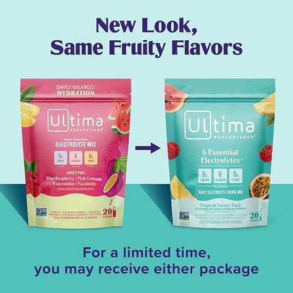 Ultima Replenisher Daily Electrolyte Powder Drink Mix – Sugar Free – Tropical Variety, 20 Stickpacks – Hydration Packets with 6 Electrolytes and Minerals – Keto Friendly, Non-GMO